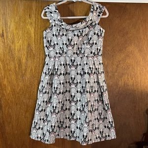 Black & White Faces Print Sleeveless off-the-shoulder Fit-and-Flare Dress